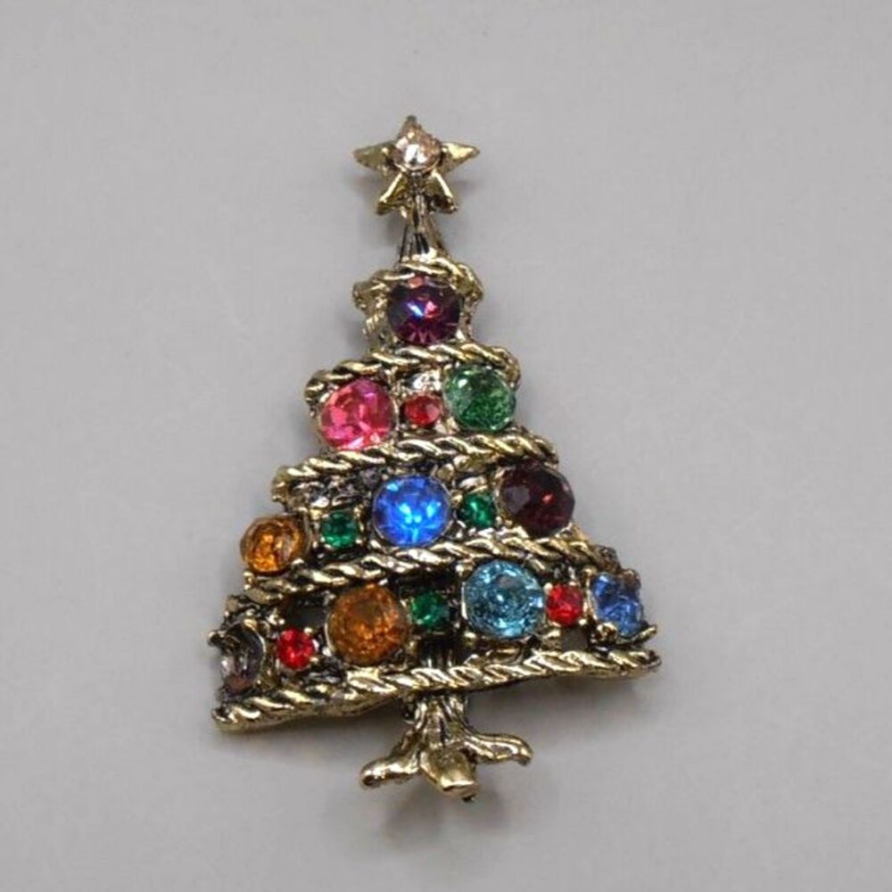 VTG Gold Tone Rhinestone Christmas Tree Brooch 2.5" Unmarked Missing 2 Stones